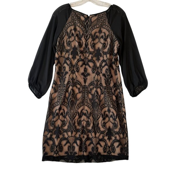 Simply Liliana Black Lace Sheath Dress Sheer Sleeves Tan Lining Sz. 6 - Picture 3 of 9